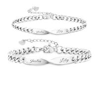 Malihome Personalized Infinity Couple Chain Bracelet Set,Customizable Name Engraving, Adjustable Length with Heart Charm, Matching His and Hers Jewelry (Silver)