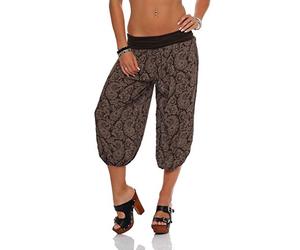 Malito 8581 Women's Capri Trousers with Print, Harem Trousers for Dancing, Baggy Trousers for Chilling, Casual Trousers, dark brown, 8-16