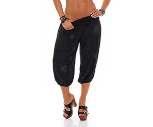 Malito Women's Harem Trousers Short with Print - One Size Cotton Pump Trousers - Lightweight 3/4 Fabric Trousers for Dancing, Chilling & Yoga - Knee-Length Capri 7182 - (Black)