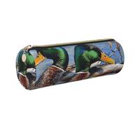 Mallard Duck 1 Printed Leather Pencil Case Cute Stationery Organizer Round Makeup Bag Pen Pouch, Gold Zipper