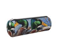 Mallard Duck 1 Printed Leather Pencil Case Cute Stationery Organizer Round Makeup Bag Pen Pouch, Silver Zipper