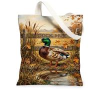 Mallard Duck Autumn Landscape Canvas Tote Bag 13x15 Inch | Nature Scene Print, Cattails Landscape, Rustic Wildlife Art, Outdoor Enthusiast Gift, Woodland Inspired