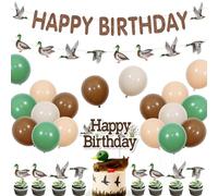 Mallard Duck Birthday Party Decorations for Boy, Duck Theme Birthday Party Supplies with Happy Birthday Banner, Duck Cake Topper, 24Pcs Cupcake Toppers, Balloons for 1 2 3 4 5 Year Old Boy