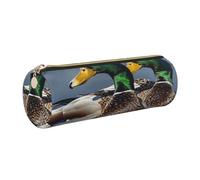 Mallard Duck Printed Leather Pencil Case Cute Stationery Organizer Round Makeup Bag Pen Pouch, Gold Zipper
