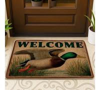 Mallard Duck Welcome Doormat, Green Bird Outdoor & Indoor Entrance Decor, Rustic Country Style, Rubber Non-Slip Floor Mats, Easy to Clean 29x17 Inch