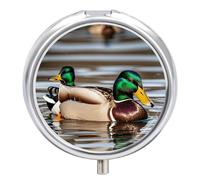 Mallard Ducks Metal Pill Organizer, 3 Compartment Waterproof Pill Case with Mirror for Purse Pocket Bag, Daily Medicine Vitamin Holder, Portable Travel Med Container(Round)