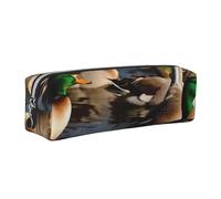 Mallard Ducks Printed Leather Pencil Case Cute Stationery Organizer Simple Makeup Bag Pen Pouch, Silver Zipper