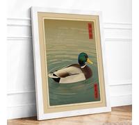 Mallard in Still Water Japandi Framed Wall Art Print A1 (84.1×59.4cm) White, Wall Decor for Living Room, Bedroom, Office & Home, Ready to Hang, Art Gift