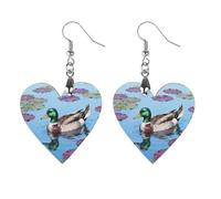 Mallard on Water Dangle Earrings for Women Trendy Lightweight Wood Geometric Earring Wooden Bohemian Print Eardrop Vintage Jewelry Gift Mother Valentine's Day, Love, Wood, No Gemstone