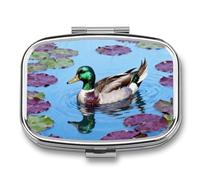 Mallard on Water Lily Pill Box - 2 Compartment Travel Pill Organizer with Small Mirror, Portable Pillcase for Pocket & Purse, Cute Square Medicine Case, Weekly Medicine Container