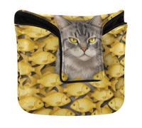 Mallet Putter Head Cover Magnetic Closure Putter Headcover for Men and Women Waterproof PU Leather Cute British Shorthair Cat in Fish Pile