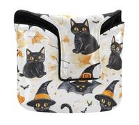 Mallet Style Putter Cover Magnetic Putter Headcovers for Most Brand PU Leather Waterproof Fun Handdrawn Halloween Cats Hats Bats