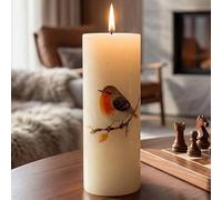 Mallina Hand Painted Bullfinch Candle Rowan Berries | Christmas Winter Bird Pillar Candle 6x15cm | Original Artwork | One of a Kind Artist Painted | Christmas Gift for Her