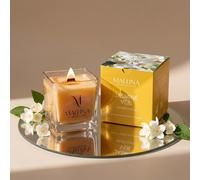 Mallina Jasmine Scented Candle for Home - Candle with Crackling Wooden Wick | 60 Hour Long Burn | Aromatherapy Gift for Women & Men | Stress Relief, Relaxation | Luxury Gift Box