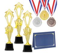 Malloom 3 Award Medals in Gold Silver Bronze Trophy Award Set 3rd 2nd 1st Place Trophy 3 Certificate Holders with Pages for Sports Reward Ceremony