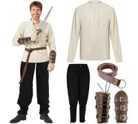 Malloom 4 Pcs Men's Halloween Renaissance Costume Set Medieval Pirate Shirt Ankle Banded Pants Viking Belt Accessories (Beige, Black) (XL)