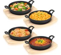 Malloom 4 Sets Mini Cast Iron Skillet, Small Cast Iron Skillet with Wooden Base Small Round Pan Fajita Pot for Cooking (7.9 Inch)
