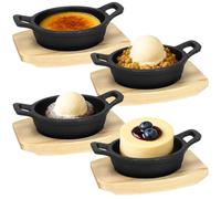 Malloom 4 Sets Mini Cast Iron Skillet, Small Cast Iron Skillet with Wooden Base Small Round Pan Fajita Pot for Cooking (3.9 Inch)