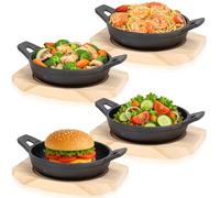 Malloom 4 Sets Mini Cast Iron Skillet, Small Cast Iron Skillet with Wooden Base Small Round Pan Fajita Pot for Cooking (4.9 Inch)
