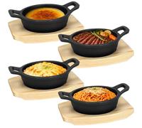 Malloom 4 Sets Mini Cast Iron Skillet with Wooden Base, Small Cast Iron Fajita Frying Pan Round Sizzler Serving Plates for Kitchen Baking Cooking Oven Safe (10cm)