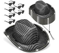 Malloom 6 Pcs LED Cowboy Hat Light Up Glitter Set Cowboy Hat with Sunglasses Sequin Space Cowgirl Hat for Women Men Costume (Black)