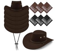 Malloom 6 Pieces Cowboy Hats with Paisley Bandannas, Classic Western Cowboy Themed Party Hats Set Bulk for Halloween Costume Accessories Cosplay Fancy Dress Party Favorite (Brown)