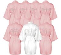 Malloom 7 Pcs Bridesmaids Satin Robes, Soft Silk Women's Satin Dressing Gowns with Rhinestones, Bulk Ladies Kimono Morning Robes Sleepwear for Wedding Party, Bridal Shower