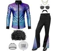 Malloom 70s Disco Outfit for Men 60s Costume with Retro Shirt Bell Bottom Pants Wig Necklace Sunglasses Mustache (L)