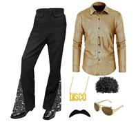 Malloom 70s Outfits for Men 6 Pcs Disco Outfit Retro Costume with Bell Bottom Pants for Disco Party (Gold) (M)