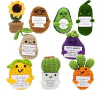 Malloom 9 Pcs Positive Farm Animals Crochet with Inspirational Cards Tiny Employee Appreciation Gifts Bulk Cute Woodland Knitted Dolls for Women Coworker Birthday Party Supplies (Plants)