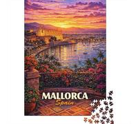 Mallorca Spain Sunset Harbor Painting Adult Jigsaw Puzzle, 1000 Pieces, 52x38cm/1000pcs, White Cardboard Pieces, Relaxing Indoor Activity And Quiet Weekends