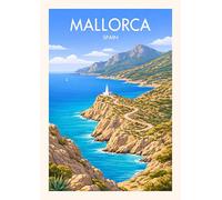 Mallorca Spain Travel Poster, Coastal Mediterranean Landscape Art Print, Vintage Style Lighthouse Decor. Size A4