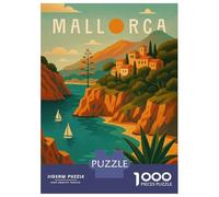 Mallorca Travel Poster Spain - Mediterranean Cliffs & Sea Breeze 1000 Piece Jigsaw Puzzle, Historic Square Architecture, Thick Cardboard Pieces for Travel Lovers, Mindful Activity, Paper Board, 52x38c