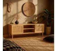 Mallowmoss Wide Rattan TV Unit, Pale Wood, 2 Doors 1 Shelf - Neutral