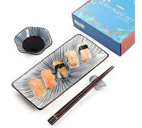 Mallyu Sushi Plate Set 8 Pcs, 10" Ceramic Sushi Dishes Serving Set, Dinnerware Sets w/ 2 Sushi Plates and Soy Sauce Bowls-2 Chopsticks and Holder, Wedding Housewarming Gift, Blue Line