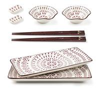 Mallyu Sushi Plates Set 8 Pcs, 10" Ceramic Sushi Dishes Serving Set, Dinnerware Sets w/ 2 Sushi Plates and Soy Sauce Bowls-2 Chopsticks and Holder, Wedding Housewarming Gift, Sun Flower