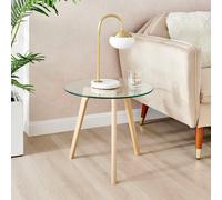 Malmo Beech Wood Scandi Inspired Side Table Medium 50cm With Round Tempered Glass Top and Wooden Legs FurnitureboxUK Brown One Size