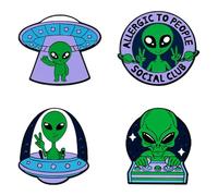 MALOYANVE 4Pcs Alien Enamel Pins Set Funny UFO Brooches for Backpacks Jackets Hats Lapels Cute Space Themed Badges for Sci-Fi Fans Gifts, M, Alloy Steel, no gemstone