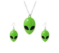 MALOYANVE Alien Earrings Necklace Set for Women Personalized Cute Funny Cartoon Space UFO Dangle Drop Weird Earrings Alien Head Charm Necklace Jewerly Set Halloween Gifts, M, Plastic, No Gemstone