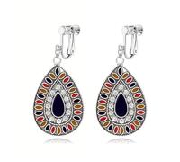 MALOYANVE Bohemian Teardrop Clip-On Earrings for Women Rhinestone Crystal Vintage Statement Dangle Earrings Lightweight Enamel Boho Non Pierced Jewelry, M, Metal, No Gemstone