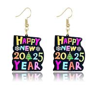 MALOYANVE Colorful Happy New Year Earrings Handmade Acrylic Glitter Star Love Heart Firework Clock Shining Pendant Dangle Earrings for Women Festive Party Lucky Jewelry Gifts, M, Acrylic Zinc, No