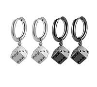 MALOYANVE Dice Hoop Earrings for Men Women Cool Silver Black 3D Stainless Steel Dice Dangle Hoop Earrings Gambling Casino Cool Jewelry Gifts, M, Stainless Steel, No Gemstone