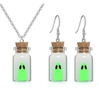 MALOYANVE Ghost Earrings and Necklace for Women and Men Adopt A Ghost In Vial Bottle Earrings Necklace Glow In Dark Cute and Spooky Halloween Jewelry Set Fun Gifts, M, Metal, No Gemstone