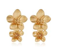 MALOYANVE Gold Large Double Flower Earrings for Women Unique Bohemian Retro Statement Gold Plated Floral Stud Earrings Elegant Chic Jewelry Gifts, Zinc, No Gemstone
