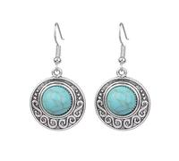 MALOYANVE Handmade Boho Earrings for Women Unique Vintage Bohemian Ethnic Tibetan Turquoise Engraved Flower Pattern Round Geometric Dangle Drop Statement Earrings Handmade Jewelry Gifts, Zinc