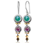 MALOYANVE Handmade Boho Silver Earrings for Women Delicate Vintage Bohemian Lightweight Antiqued Silver Green Purple Double Round Turquoise Geometry Dangle Drop Earrings Jewellery Gifts, Zinc, crystal
