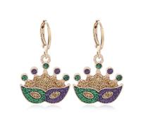 MALOYANVE Mardi Gras Earrings Elegant Alloy Glitter Purple Green Yellow Mask Crown Arrow Lightweight Hoop Earrings Carnival Parade Party Holiday Jewelry for Women, M, Zinc, No Gemstone