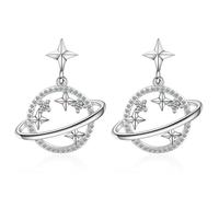 MALOYANVE Planet Pendant Earrings for Women Rhinestone Saturn Dangle&Drop Earrings Star Moon Stud for Everyday Wear Jewelry Gift, M, Metal, No Gemstone