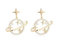 MALOYANVE Planet Pendant Earrings for Women Rhinestone Saturn Dangle&Drop Earrings Star Moon Stud for Everyday Wear Jewelry Gift, M, Metal, No Gemstone