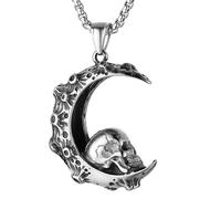 MALOYANVE Stainless Steel Skull Necklace Retro Handmade Gothic Style 3D Lifelike Personalized Skeleton Head Wing Moon Maple Pendant Necklace for Women Halloween Party Jewelry, Zinc, No Gemstone